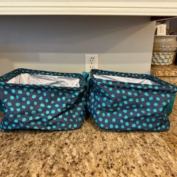 Lot of 2 Thirty One 31 Square Utility Tote Bags Teal Blue Polka Dot Storage - Picture 7 of 8